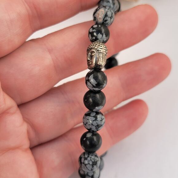 Vintage snowflake obsidian Buddha bracelet rhinestone accent stretch - Picture 4 of 10